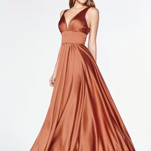 Sienna Prom Party Evening V-Neck Satin A-Line Shape Long Maxi Dress CD7469